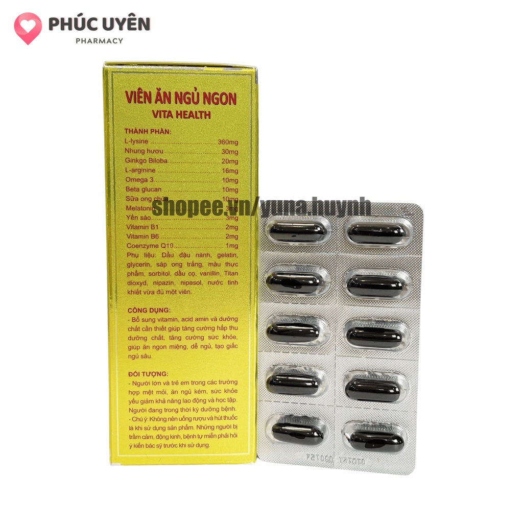 Viên uống hỗ trợ ĂN NGỦ NGON VITA HEATLTH bổ sung các vitamin cần thiết hỗ trợ giấc ngủ, tăng sức đề kháng – Hộp 60v