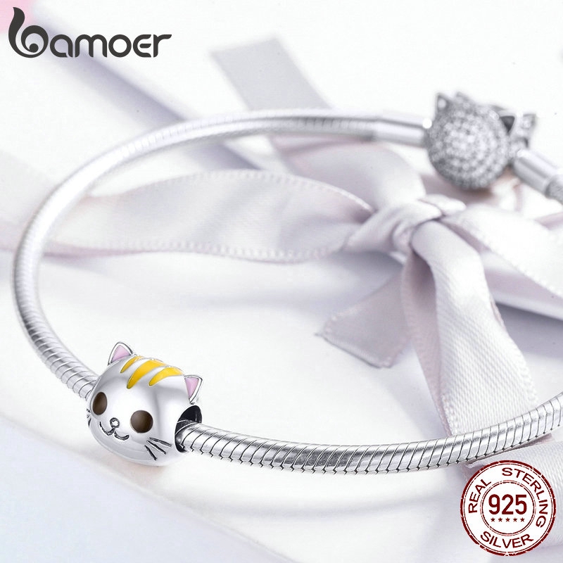 Hạt Charm Bamoer Hình Mèo Xinh Xắn Gắn Vòng Tay/Dây Chuyền Dành Cho Nữ Chất Liệu Bạc 925