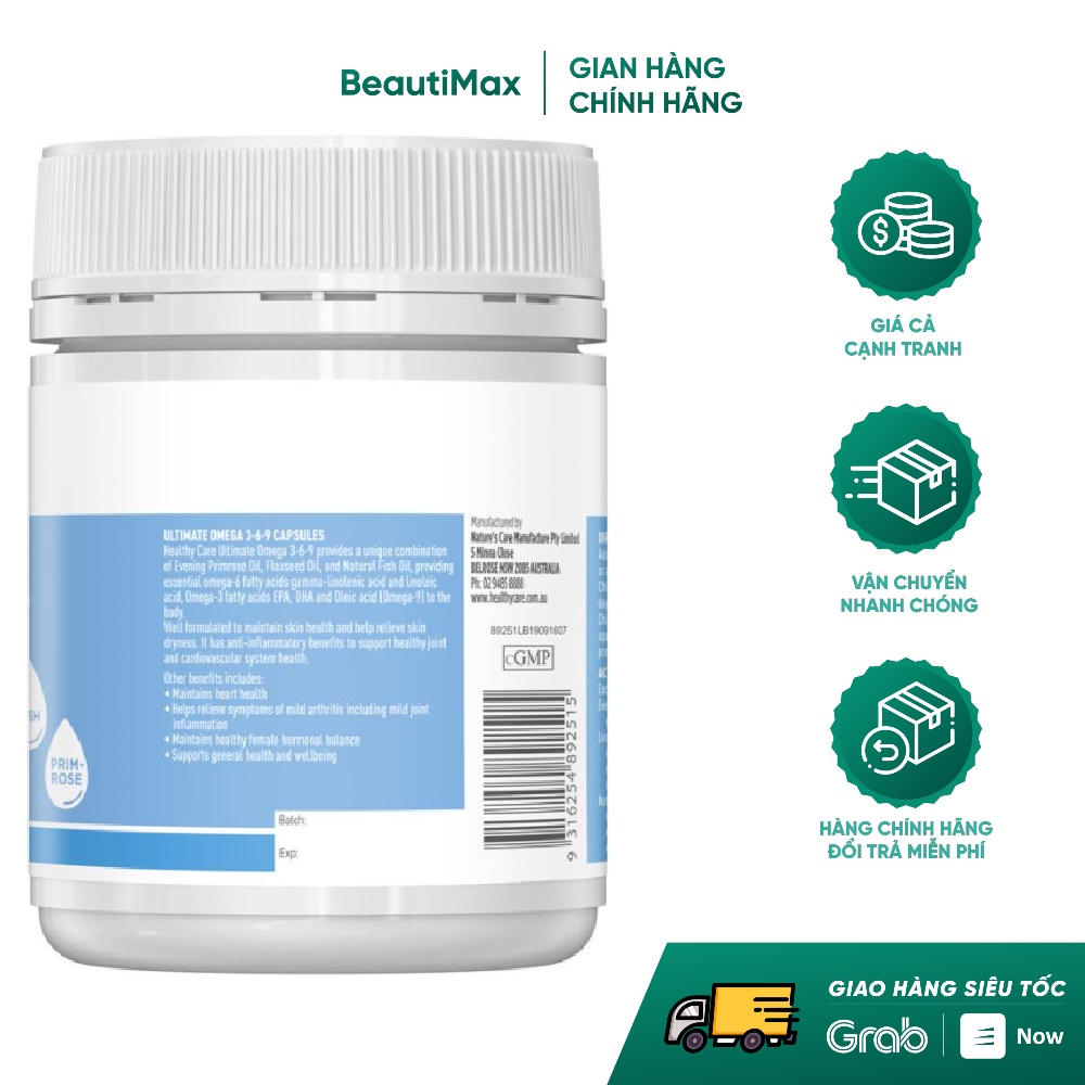 Viên uống giảm mỏi mắt Healthy Care Ultimate Omega 369 hỗ trợ tim mạch huyết áp 200 viên Beautimax