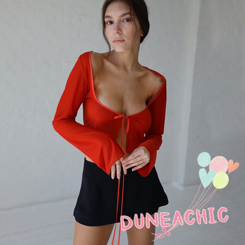 DUNEA Áo Kiểu Dài Tay Cổ Vuông Thiết Kế Quyến Rũ Thời Trang Dành Cho Nữ