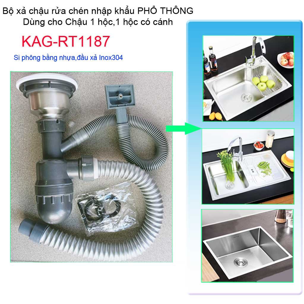Bộ xả chậu chén bát 1 hố trọn bộ, ống xả xi phông chậu rửa chén bát 1 hộc KAG-RT1187