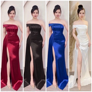 Đầm váy dạ hội lụa dư tiệc bẹt vai 1 vai phối tà ngoài