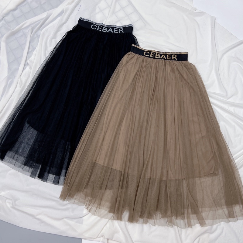 Chân váy xếp ly in chữ CEBA dáng dài, Chân váy maxi lưới cạp chun CV - NhiNhi Shop