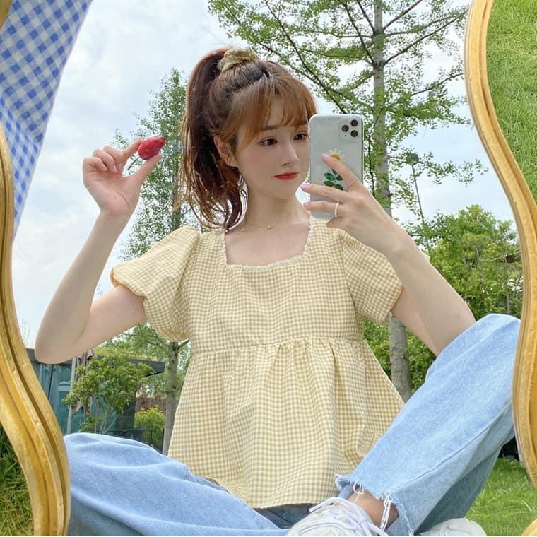 Set Áo babydoll kèm dây buộc tóc -Áo cổ vuông họa tiết kẻ caro siêu xinh