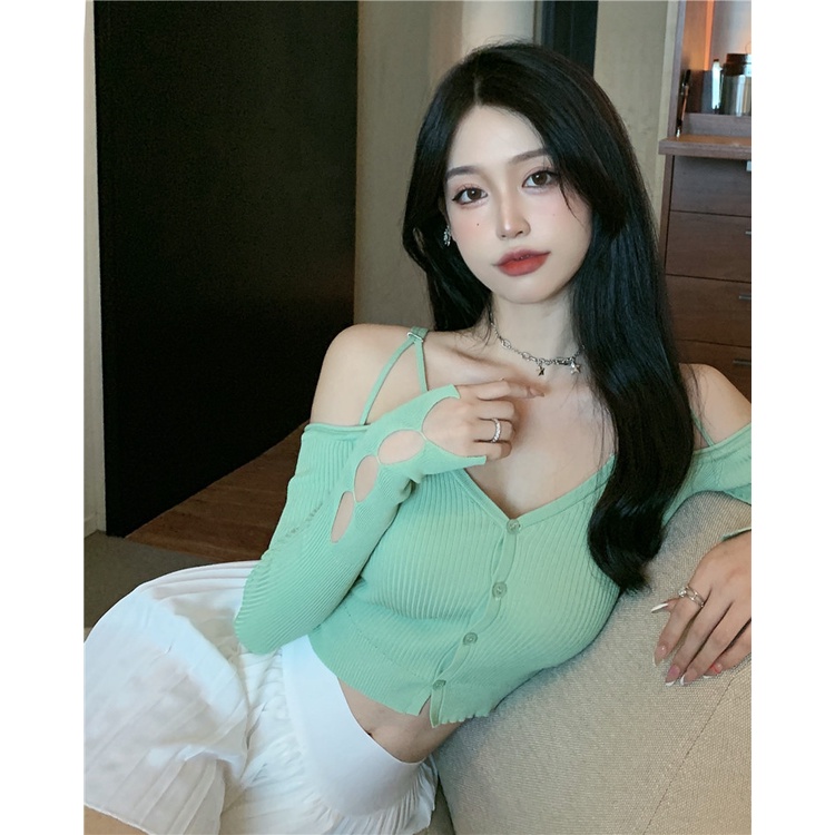 QKOOLE  Áo croptop dệt kim trễ vai cổ V phong cách Hàn Quốc gợi cảm thời trang cho nữ