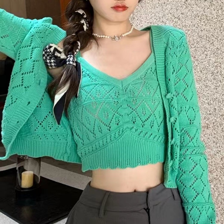 Bộ Áo Khoác cardigan Dệt Kim Phối Áo Hai Dây Thời Trang Mới Cho Nữ