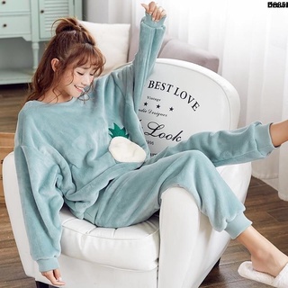 Bộ đồ ngủ tay dài chất nỉ dày dặn giữ ấm dễ thương thời trang thu đông cho nữ