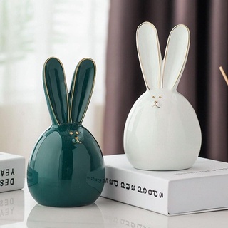 Cặp thỏ sứ xanh trắng trang trí tủ kệ, trang trí phòng khách