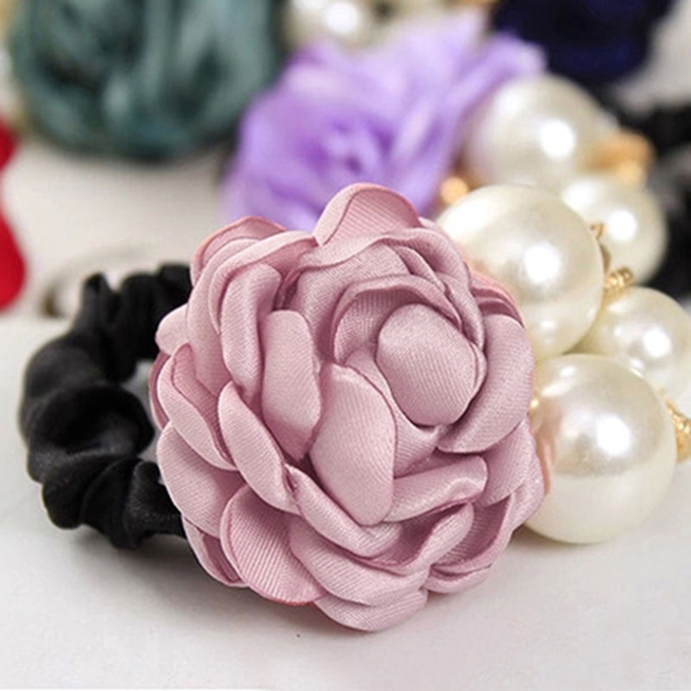 Dây buộc tóc hình hoa hồng đính ngọc trai giả xinh xắn dành cho nữ