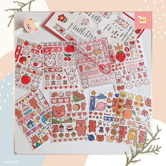 Set 4 tấm sticker gấu thỏ đáng yêu trang trí