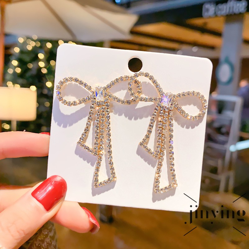 GETNOIVAS ❤S Wind 925 Silver Needle Zircon Bowknot Tassel Commuter Earrings European and American Exaggerated