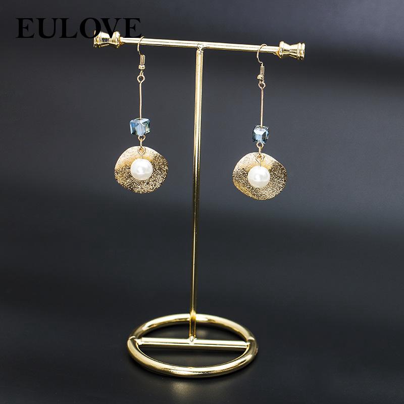 Long Earring Dangle Gold Disc Blue Rhinestone Long Disc Earring For Women Charm