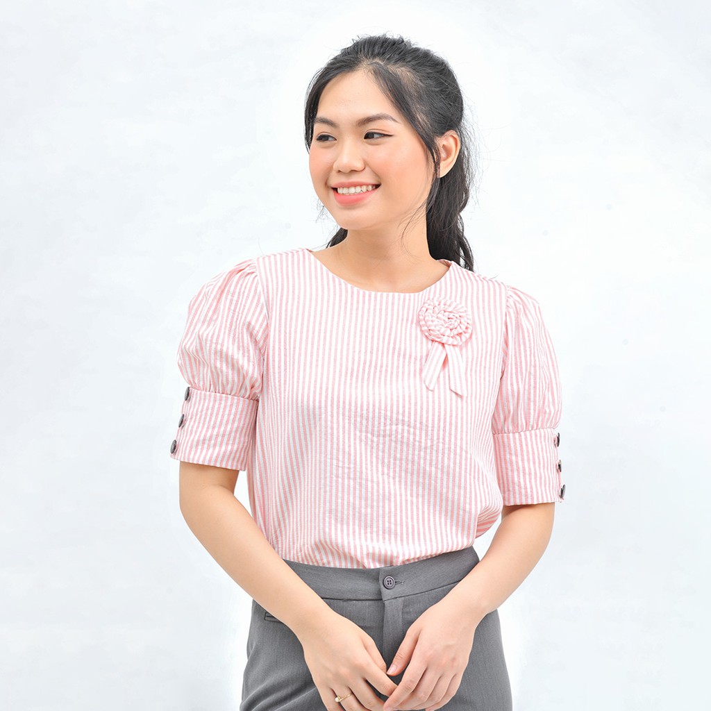 Áo kiểu sơ mi công sở nữ thiết kế thời trang Eden tay ngắn cổ tròn dáng suông kẻ sọc freesize - ASM120