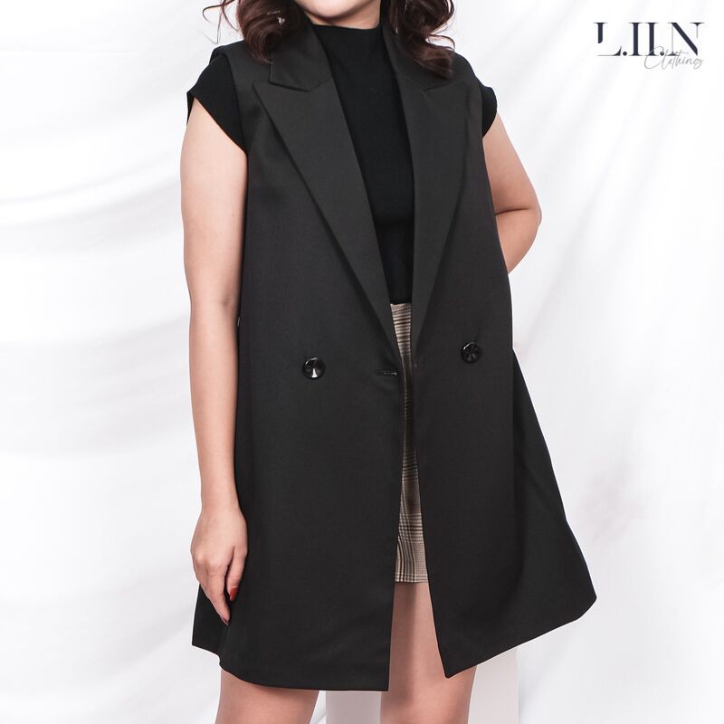 Áo vest gile nữ Linbi đủ size, dáng dài màu đen cổ Vest, phong cách Hàn Quốc Liin clothing V5200