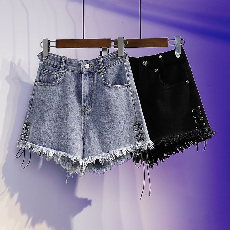 Quần Short Jeans Rách Lưng Cao Phối Tua Rua Thời Trang Mùa Hè 2022 Cho Nữ