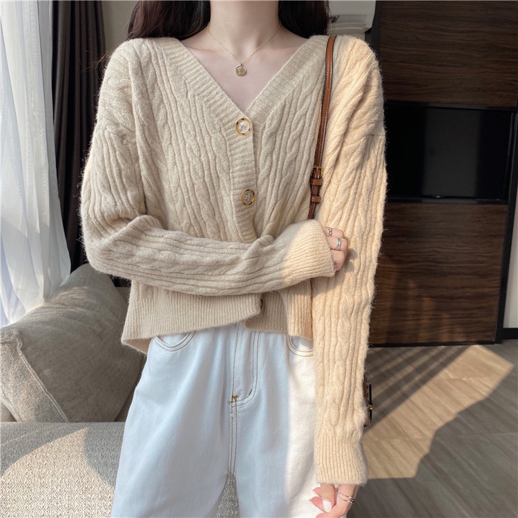 Áo khoác cardigan ZHELIHANGFEI dệt kim tay dài cổ chữ V dễ phối đồ sành điệu