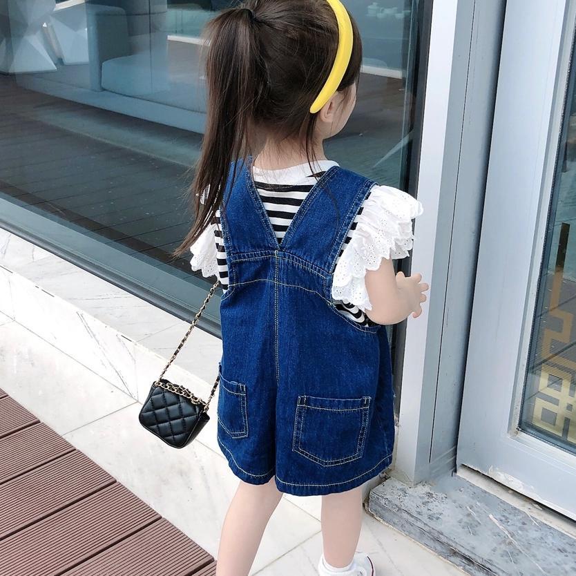 Bộ Áo Ngắn Tay + Quần Yếm Denim Thời Trang Mùa Hè Hàn Quốc Dành Cho Bé Gái