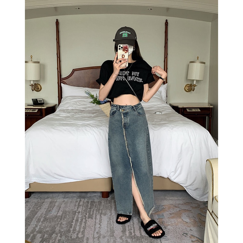 Chân váy jean Lưng Cao Xẻ Tà Thiết Kế Mới Thời Trang Mùa Hè Cho Nữ