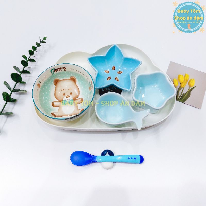 Combo bát gốm sứ ăn dặm màu Xanh Dương cho bé yêu, NPP Baby Tôm