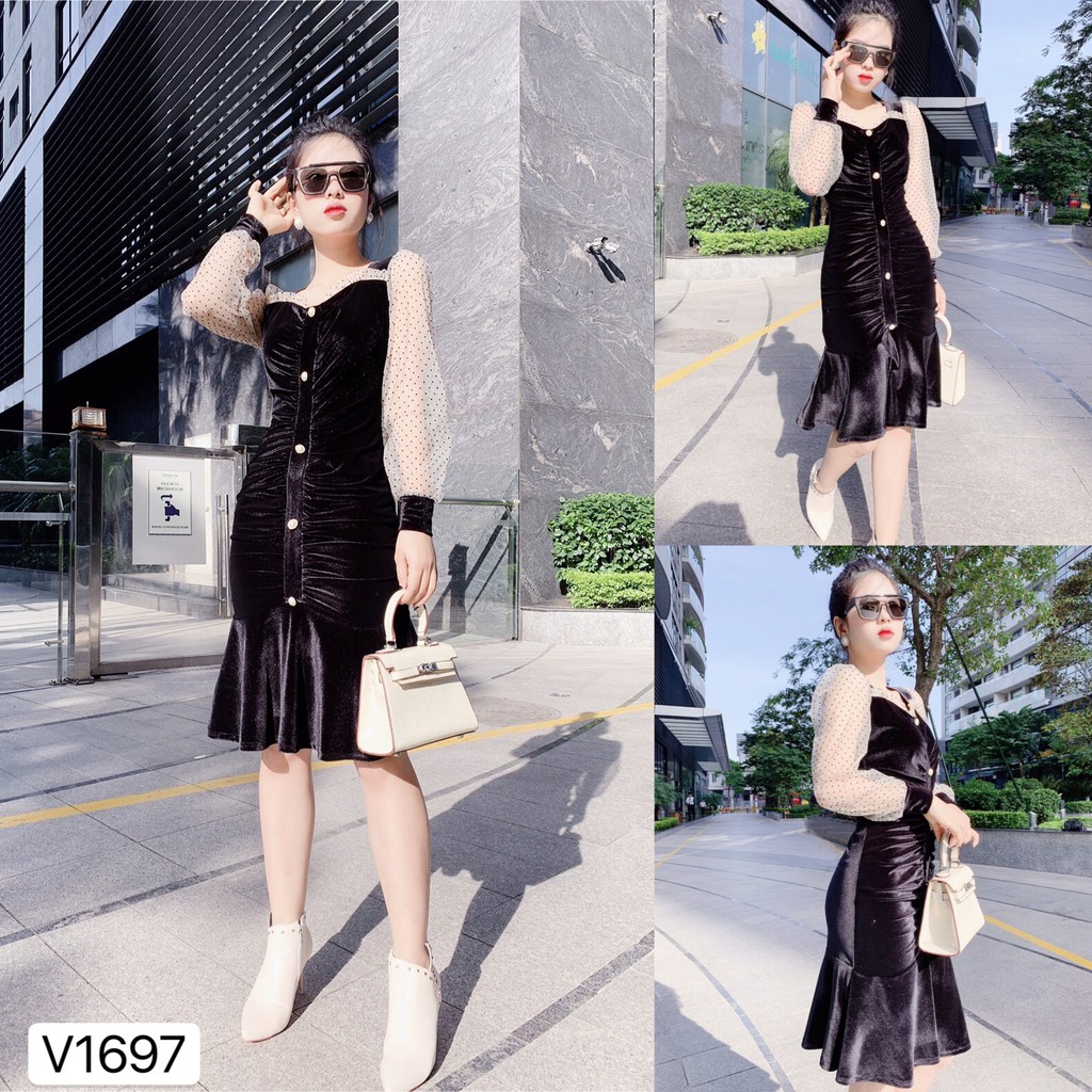 Váy đen nhung đuôi cá tay phối voan V1697 - QUEEN SHOP DOLCE VIVA COLLECTION(ảnh người mẫu+ảnh trải sàn do shop tự chụp)