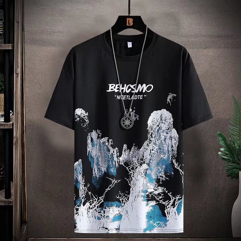 Áo Thun Tay Ngắn Cổ Tròn Dáng Rộng In Họa Tiết Phong Cách Hồng Kông Thời Trang Mùa Hè Cho Nam Cỡ Lớn [M-5XL]