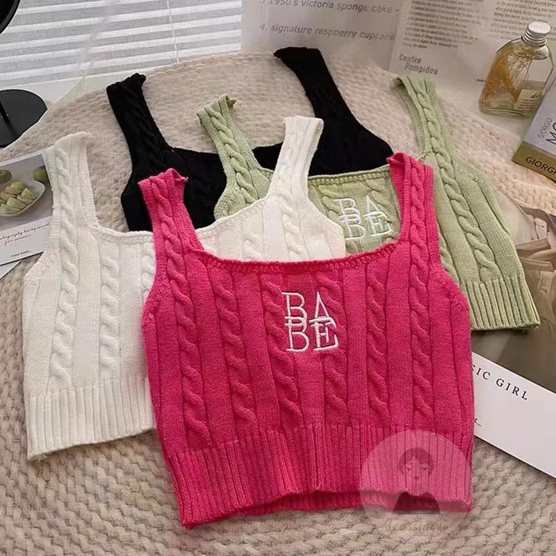 Áo Tank Top Nữ Cổ Chữ U Thêu Chữ Màu Xanh Lá / Trắng / Đỏ / Đen