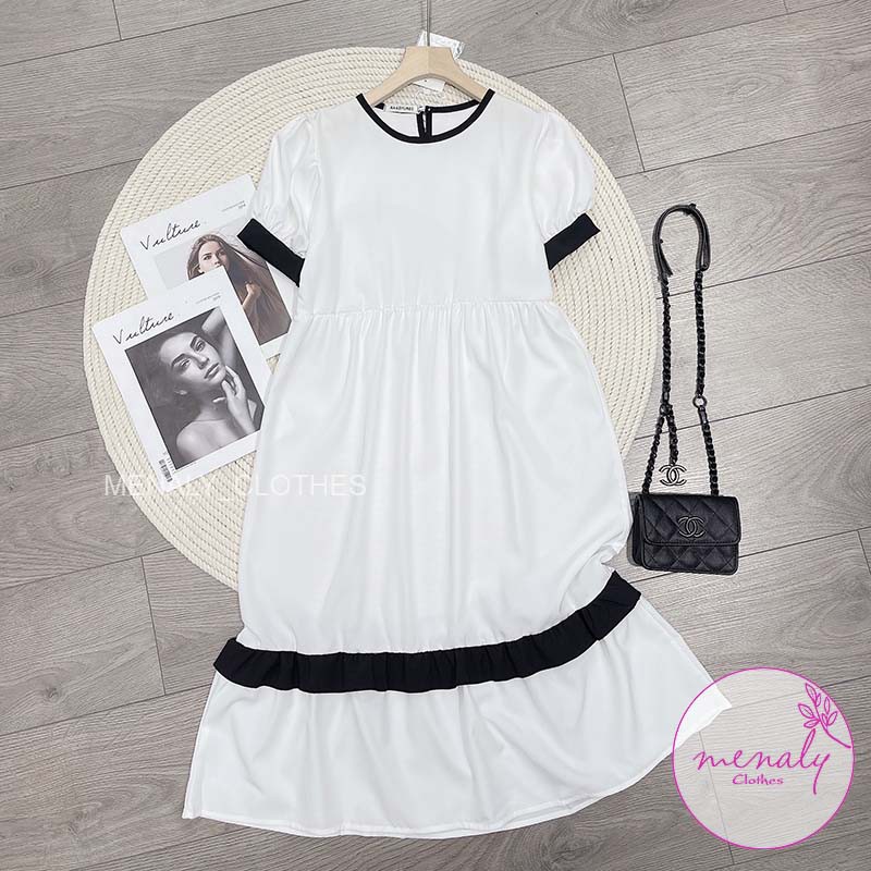 Váy xuông nữ babydoll dáng dài tay bồng V021, mẫu váy dáng rộng kiểu dáng hàn quốc, bầu bí bon chen thoải mái