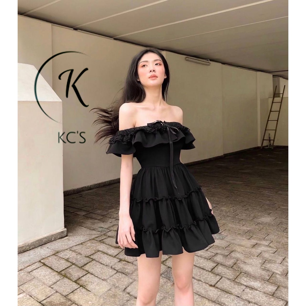 Đầm Bẹt Vai Xoè 3 Tầng Phối Ren Thắt Nơ Điệu Đà, Đầm váy thiết kế cao cấp KC1374