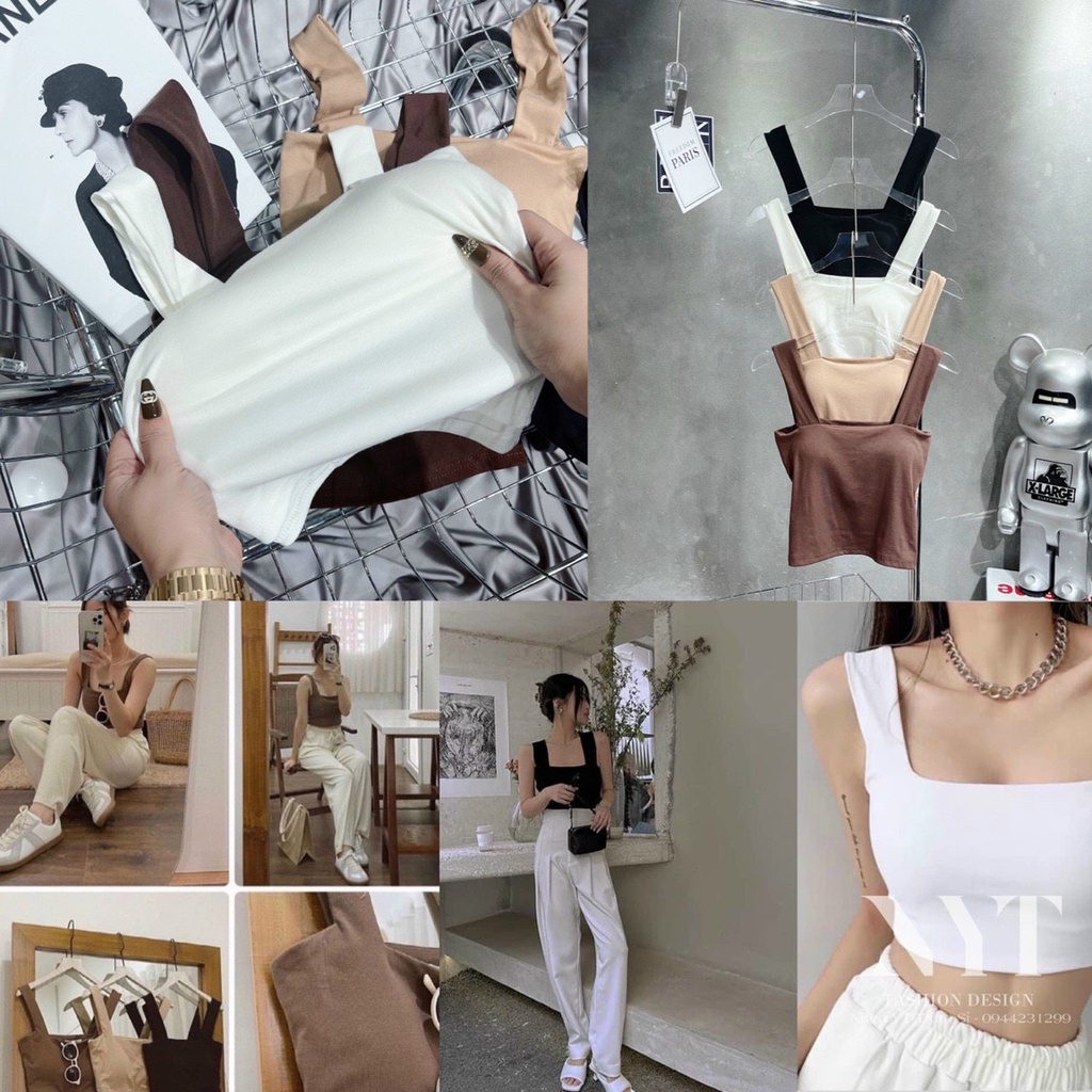 Áo hai dây bản to croptop có sẵn đệm mút, áo bra nâu be đen trắng freesize A012