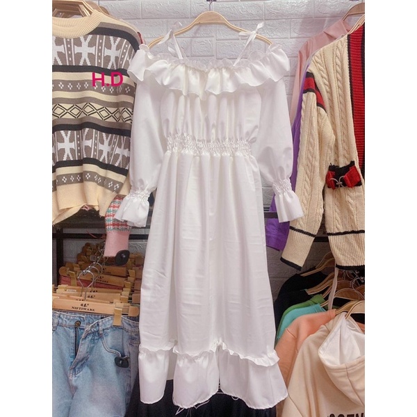 váy trắng dài trễ vai 2 dây tay bồng, đầm dáng xoè tiểu thư dự tiệc xinh xắn kèm ảnh thật Vintage
