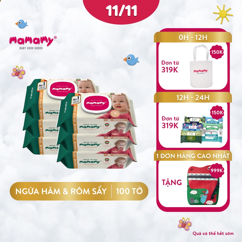 [Mã LT50 giảm 50k đơn 250k] Combo 6 gói khăn ướt Mamamy 100 tờ chuẩn quốc tế - 100% an toàn