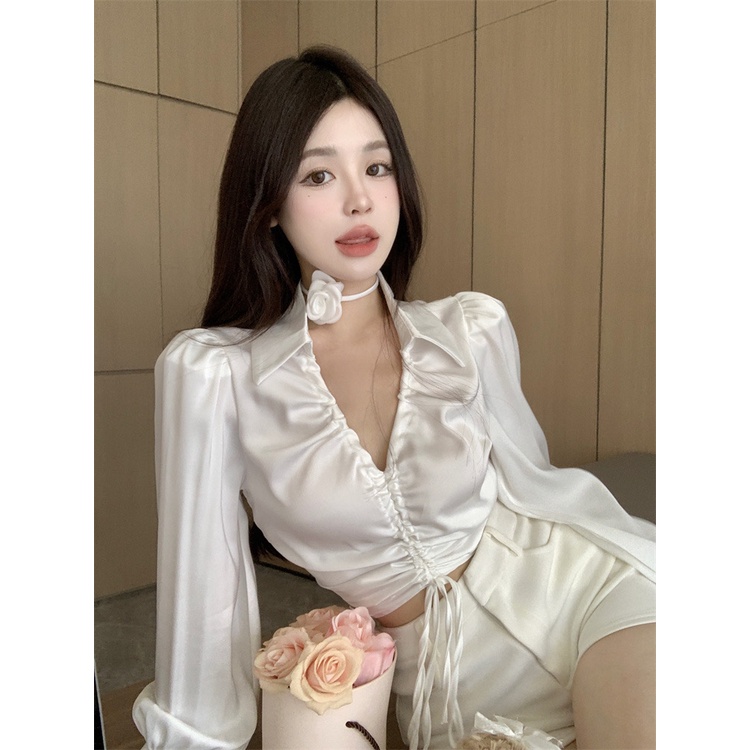 QKOOLE Áo croptop  tay dài cổ chữ V đơn giản phong cách Hàn Quốc cho nữ