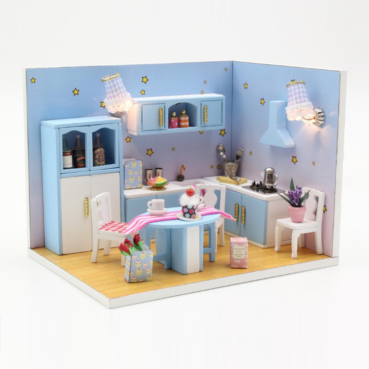 Mô hình nhà DIY Doll House Love Little Kitchen Kèm Mica Chống bụi, Bộ dụng cụ và Keo dán