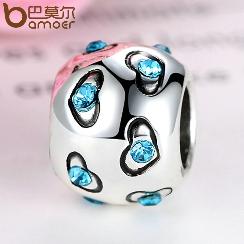 Hạt phụ kiện xỏ vòng tay Bamoer Pa5320 bằng bạc 925 đính đá màu xanh dương hình trái tim làm trang sức