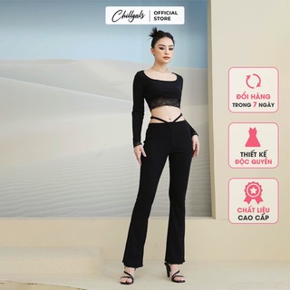 Set len tăm Chillgals áo tay dài phối ren Croptop và quần khoen dây 2 bên co dãn tôn dáng SAQ-003