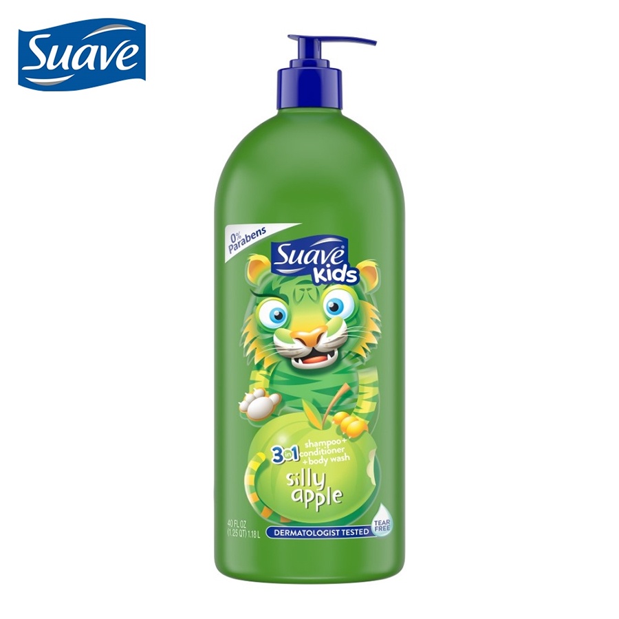 SUAVE KIDS Sữa Tắm, Gội, Xả Silly Apple 3-in-1 Shampoo, Conditioner, Body Wash hương táo cho bé 1.18L (Nhập khẩu Mỹ)
