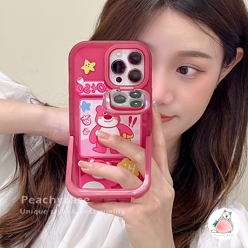 Ốp Điện Thoại TPU Mềm Tích Hợp Gương Hình Gấu / Dâu Tây Cho iPhone 14 13 12 Pro Max 11 Xr Xs Max X