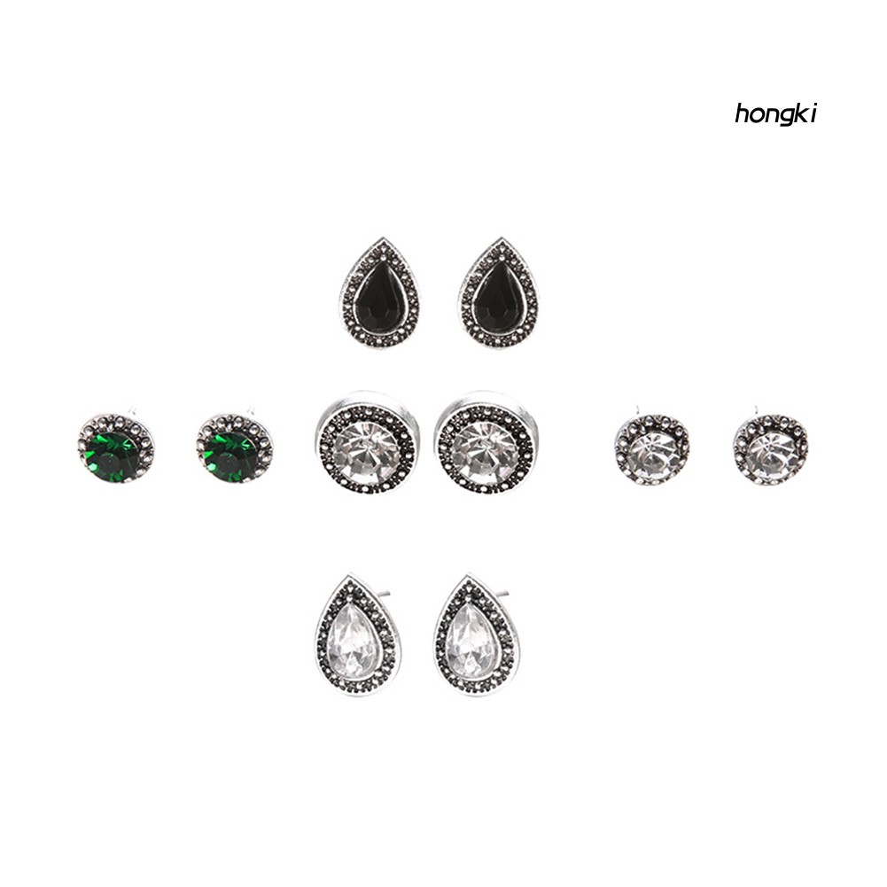 Set 5 đôi khuyên tai hình tròn/hình giọt nước đính đá giả phong cách retro thời trang cho nữ