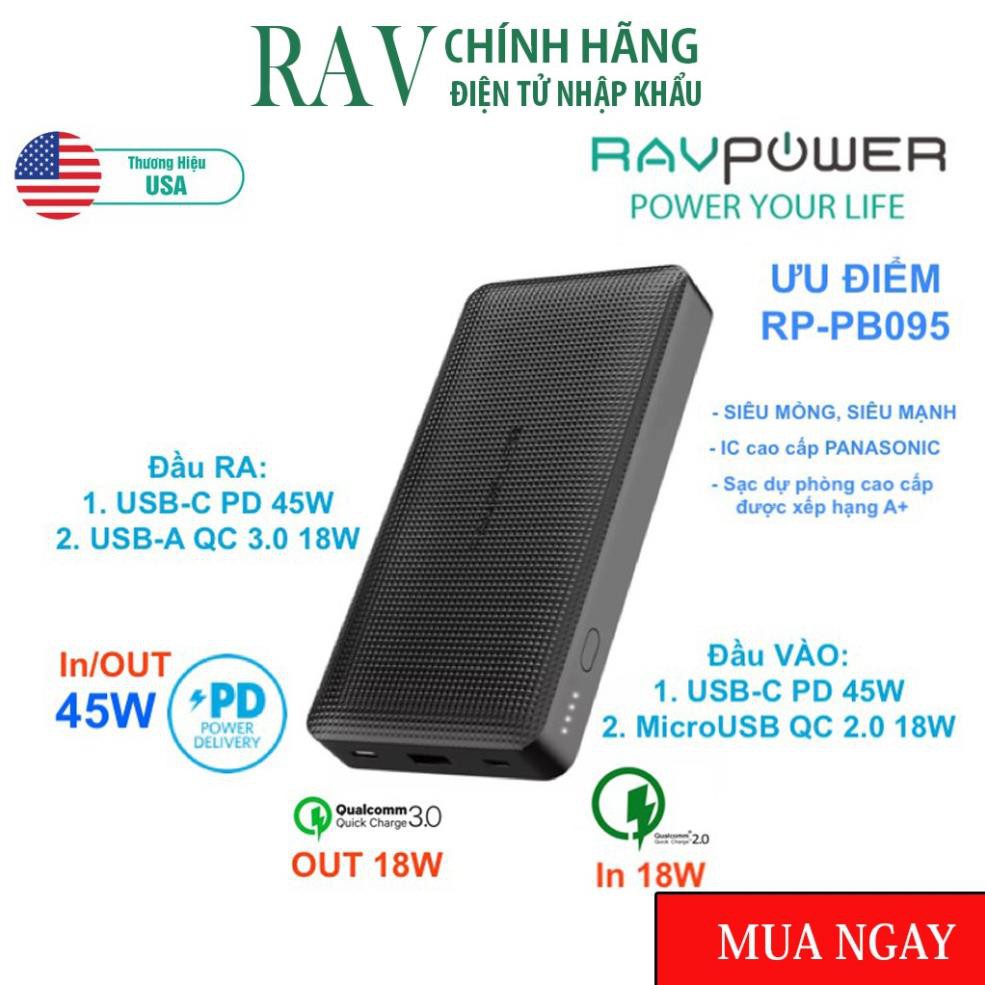 Sạc dự phòng Macbook Air, iPad Pro, iPhone RAVPOWER RP-PB095 20100mAh - PD 45W & QC 3.0 18W