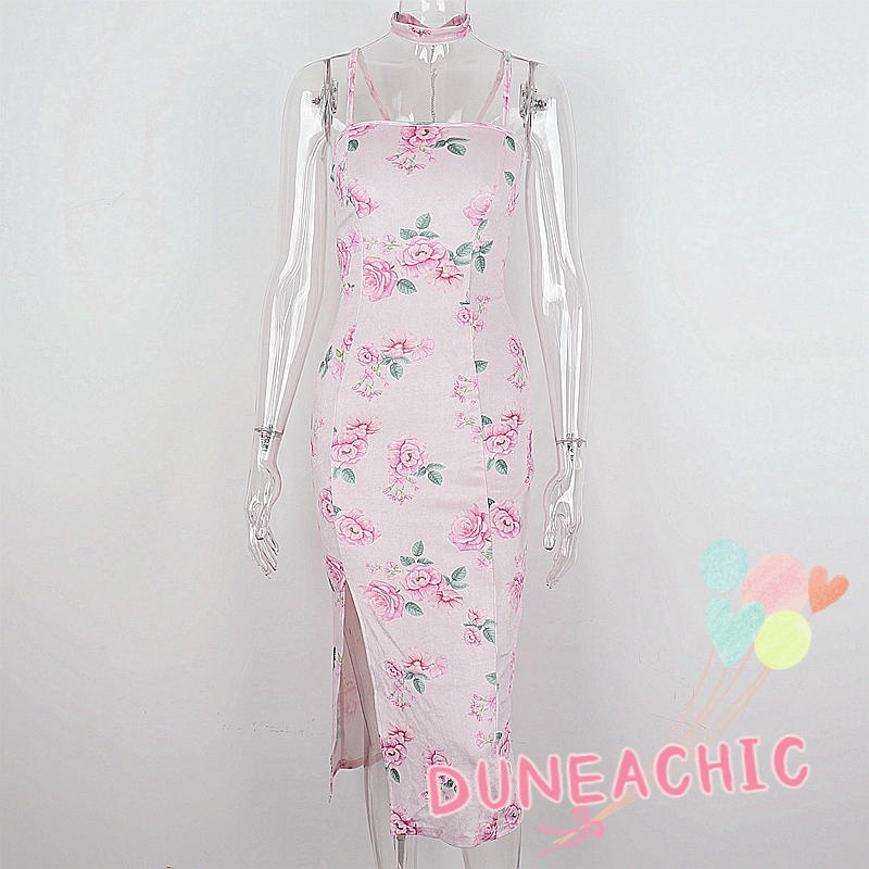 DUNEA Đầm Hai Dây Hở Lưng Họa Tiết Hoa Xinh Xắn Cho Nữ