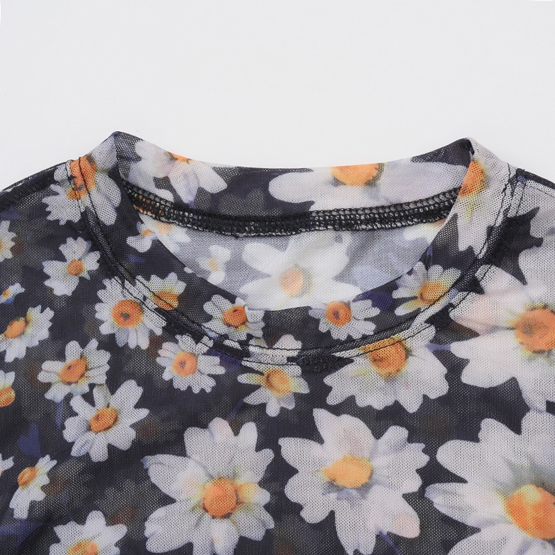 Đầm Tay Ngắn Cổ Tròn Phối Lưới In Họa Tiết Hoa Cúc Thời Trang Xinh Xắn Cho Nữ