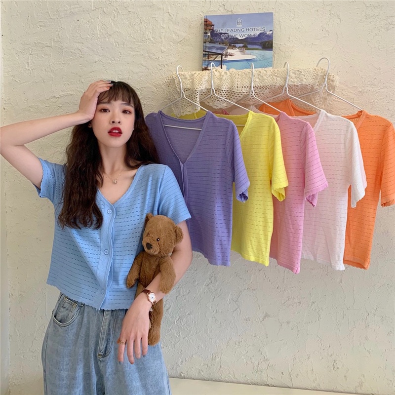 Áo cardigan SUXI tay ngắn cổ chữ V màu sắc ngọt ngào thời trang dành cho nữ