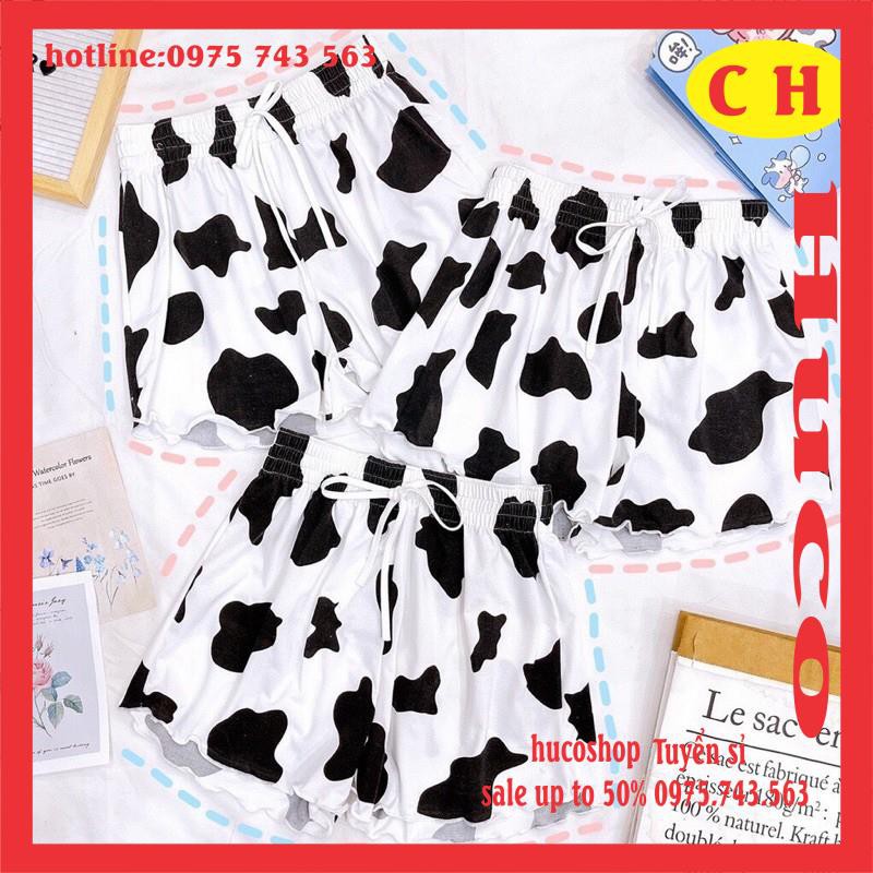 sét đồ bộ nữ loang bò sữa hottrend 2021 gồm áo thun croptop cổ tròn thêu chú bò mix quần đùi ống rộng cạp chun mặc mát