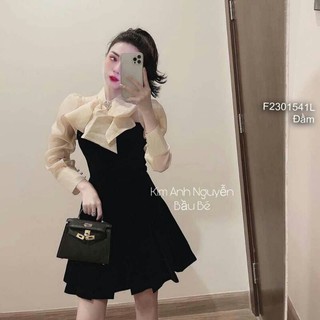 Đầm xòe nhung nơ cổ đính tag phối tay dài!