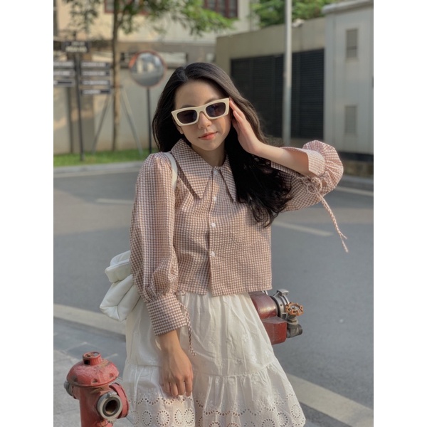 Áo sơ mi kiểu vai bồng tay có dây nơ dáng lỡ kẻ caro TKA318 LOLLIE STUDIO | BigBuy360 - bigbuy360.vn