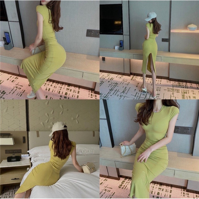 Váy body xẻ sau tay ngắn. Đầm thun ôm body cá tính