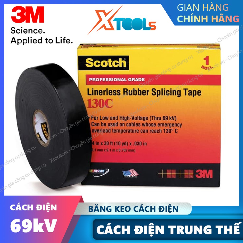 Băng keo cách điện trung thế 3M Scotch 130C 19mmx9.144mx0.762mm băng dính cách điện 69kV siêu dính, chống cháy, hở mép