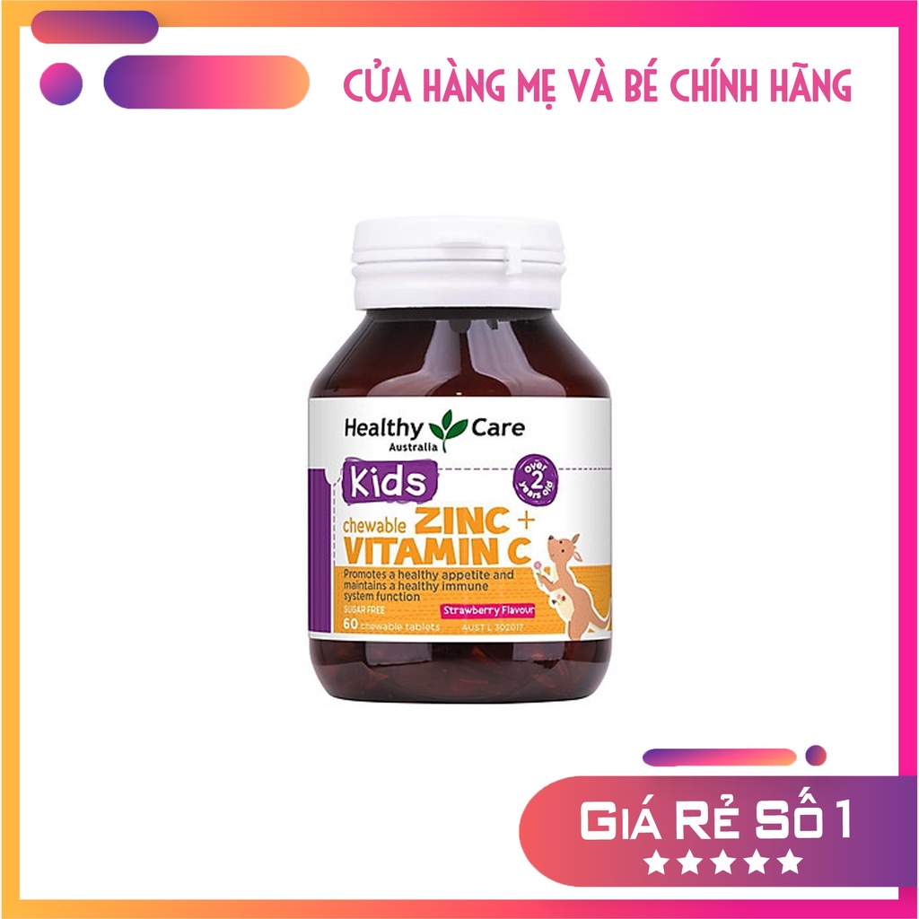 Viên nhai kẽm Zinc, Vitamin C Healthy Care cho bé hộp 60 viên