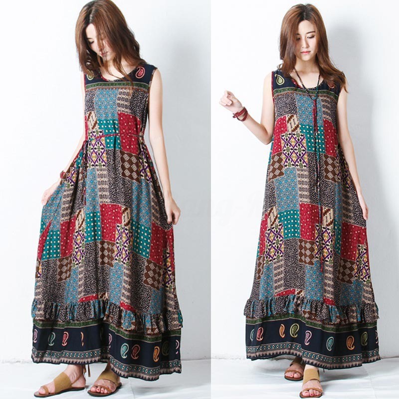Đầm maxi in họa tiết hoa phong cách boho thời trang cho nữ có thắt dây