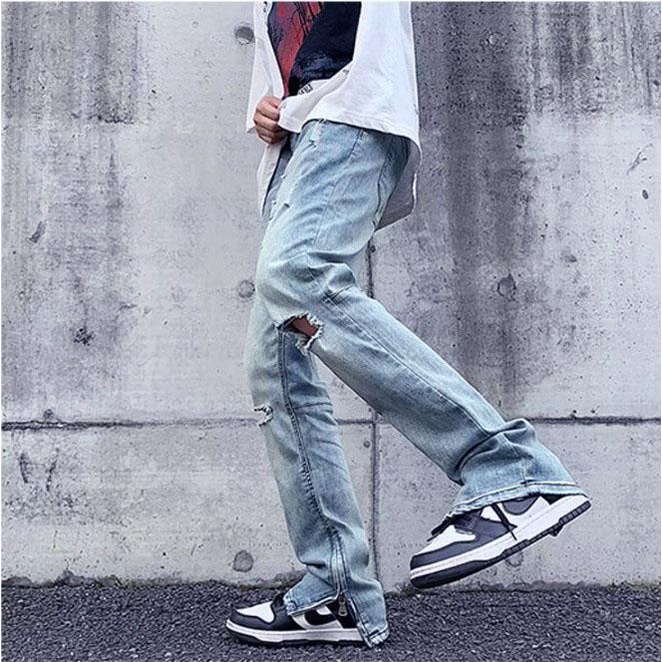 [xả kho] Quần jean ống suông nam khóa zip co giãn ống rách gối màu xanh bạc nhạt đẹp mới hà nội hcm Pon.mens